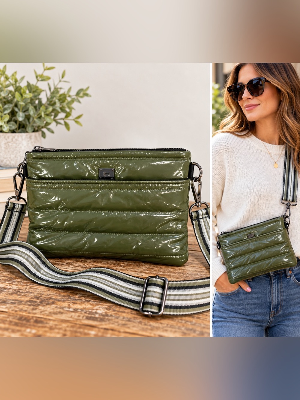 Think Royln Bum Bag Crossbody Shiny Olive Green Quilted